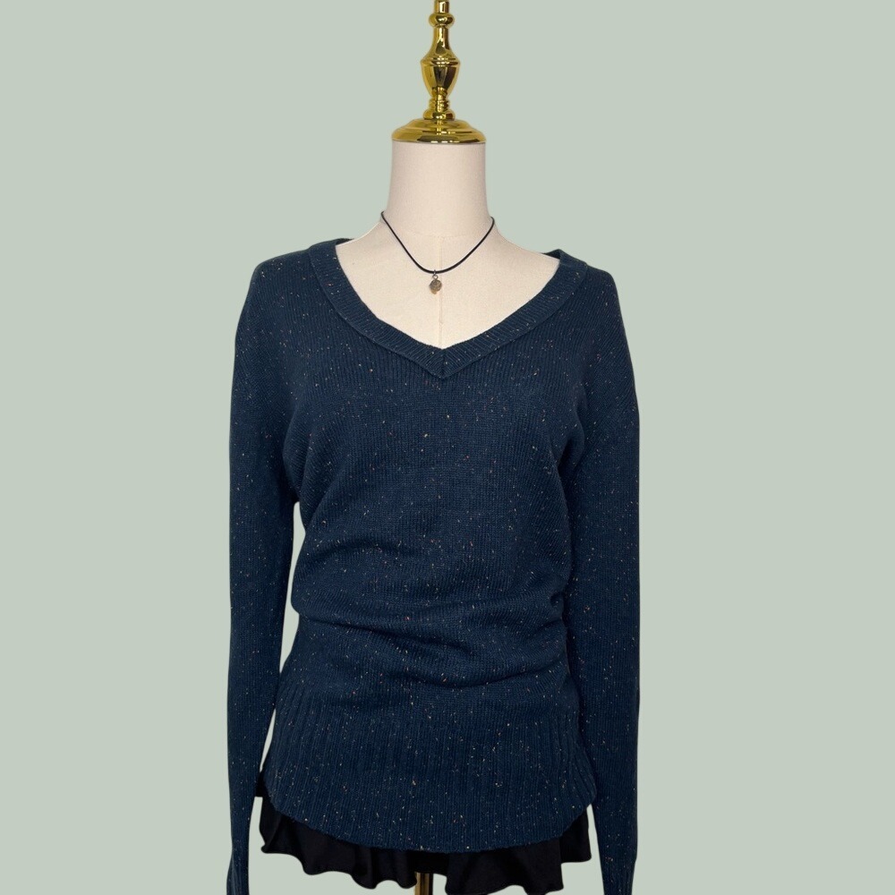 vintage style y2k old navy blue v neck knit sweater w colorful specs academia